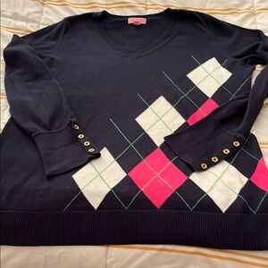 Lilly Pulitzer V-Neck Sweater Blue Pink Argyle